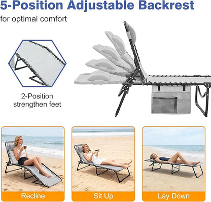 Folding Chaise Lounge Chair, Patio Teslin Tanning Chair, Outdoor Chaise Lounger with 5-Position Reclining Back, Breathable Mesh Seat for Beach, Poolside, Patio Sunbathing Grey