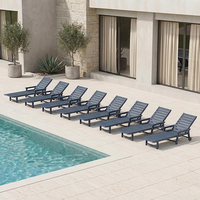 Adjustable Lounge Chair Outdoor Set of 8, HDPE Outdoor Chaise Lounge with Cup Holder & Wheels, Pool Lounge Chairs for Poolside, Backyard Pool, Patio, Beach, Deck, (Navy Blue)