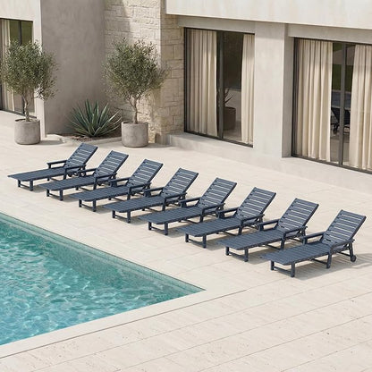 Adjustable Lounge Chair Outdoor Set of 8, HDPE Outdoor Chaise Lounge with Cup Holder & Wheels, Pool Lounge Chairs for Poolside, Backyard Pool, Patio, Beach, Deck, (Navy Blue)