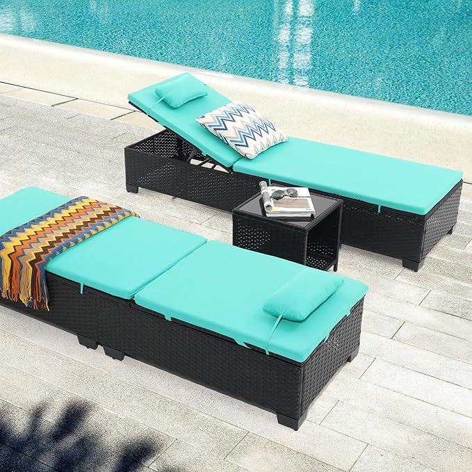 Outdoor Patio PE Wicker Chaise Lounge Chairs Set of 3 Patio Black Rattan Reclining Chair Adjustable Backrest Pool - Photo 4
