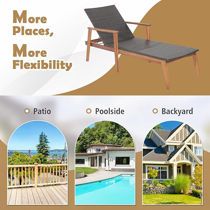 COSTWAY Patio Rattan Chaise Lounge Chair Recliner Back Adjustable Acacia Wood Garden - Photo 7