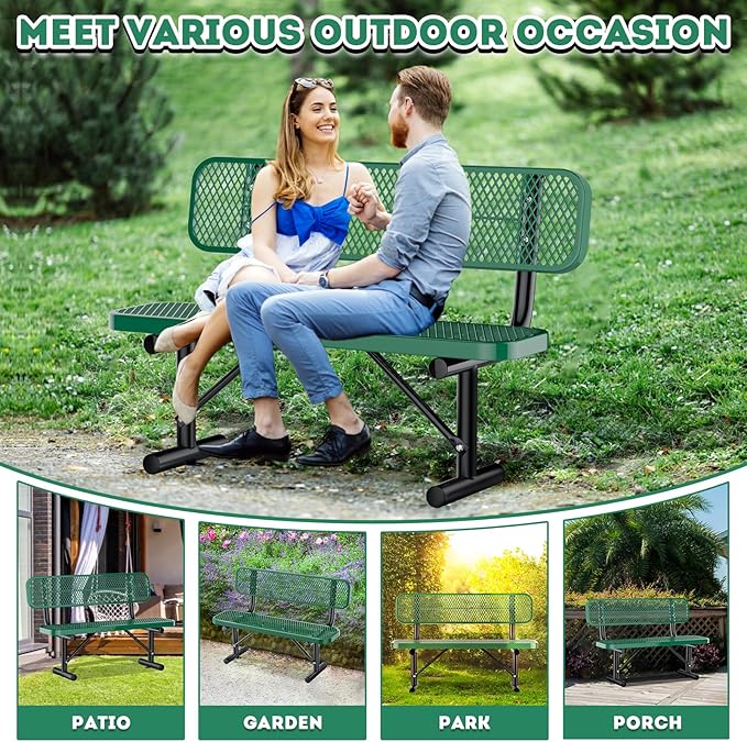 4FT/48INCH Heavy Duty Metal Park Bench for Outside, Outdoor Garden Benches with Backrest & Portable Frame, Expanded Metal Mesh Bench for Shopping Malls, Lawn, Park, Deck, Patio, Porch, Green