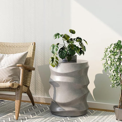 SUNBURY Outdoor Side Table, 18" H Concrete Accent End Table Streamlined, Small Round Cement Plant Stands Table, Decorative Garden Stools for Backyard, Grey