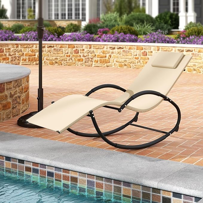 Giantex Outdoor Rocking Lounge Chair, Zero Gravity Rocking Chair with Removable Headrest, Breathable Backrest & Seat - Photo 8