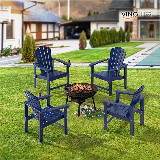 VINGLI Plastic Folding Adirondack Chair with Cup Holder, 100% Recyclable HDPE Material, Comfortable 380lb Weight Capacity for Outdoor Pool Patio Lounge Chair Lawn Furniture Fire Pit, 1 Pack, Navy Blue