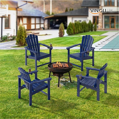 VINGLI Plastic Folding Adirondack Chair with Cup Holder, 100% Recyclable HDPE Material, Comfortable 380lb Weight Capacity for Outdoor Pool Patio Lounge Chair Lawn Furniture Fire Pit, 2 Pack, Navy Blue