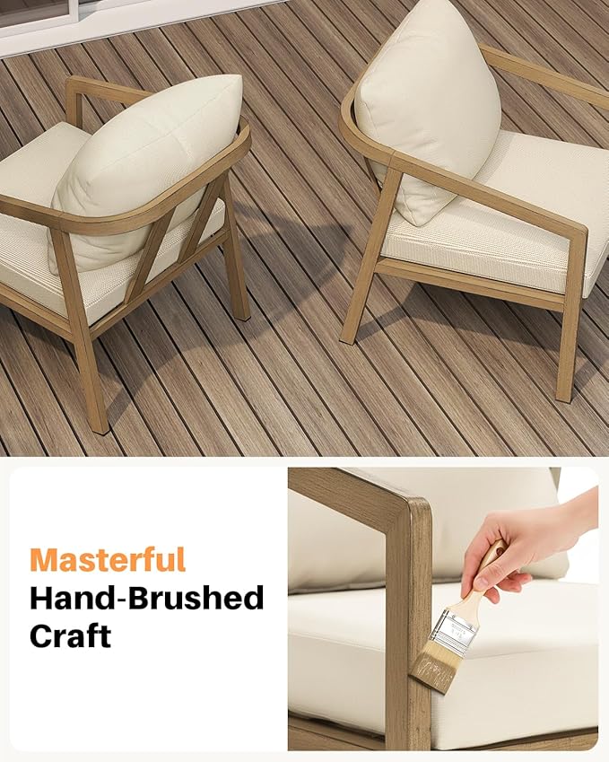 Teak Patio Sofa Chairs Set of 2, Never-Rust Aluminum Outdoor Armchair with Removable Cushions, All Weather 2 Pieces Outdoor Club Chairs, Outdoor Sofa Chairs for Garden, Porch, Balcony | Never-Rust, Wraparound Design, Wood-Grain Texture, All Weather, Re...