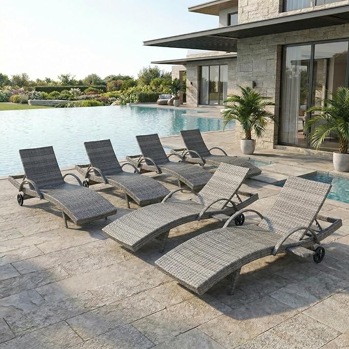 Set of 6 Outdoor Chaise Lounge Chairs with Wheels, Pull-Out Side Table, 5-Position Adjustable Backrest, All-Weather Wicker Patio Pool Lounge Chairs for Poolside, Backyard, Deck, Grey