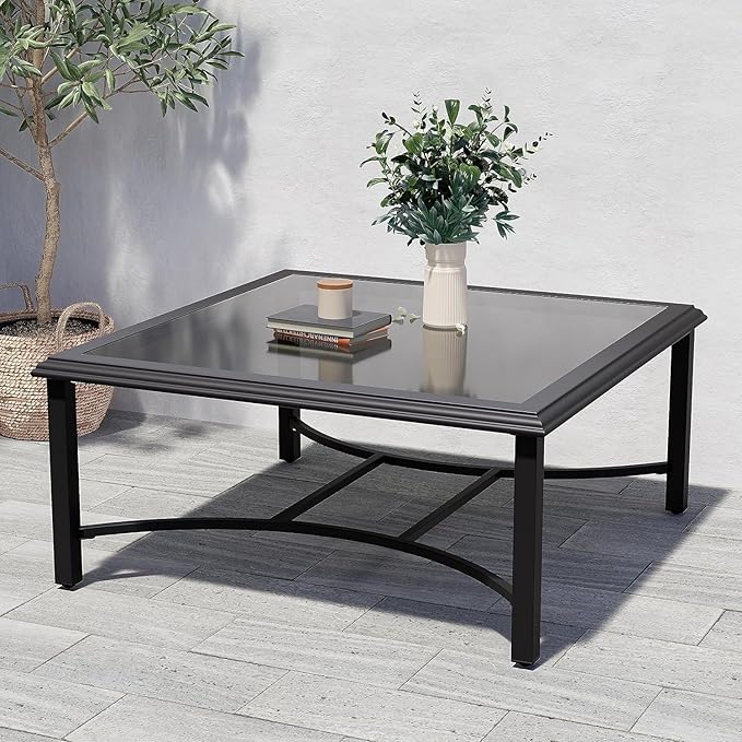 Grand patio Outdoor Glass Coffee Table,Outdoor Furniture Coffee,Patio Garden Furniture Multi-Functional Tea Table with Tempered Glass Top, for Conversation-Square (Tea Table with Glass Top)