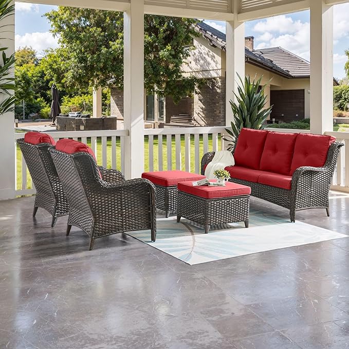 HUMMUH Outdoor Furniture 5 Pieces Patio Furniture Set Wicker Outdoor Sectional Sofa with 2 Patio Chairs,Ottomans(Brown/Red)
