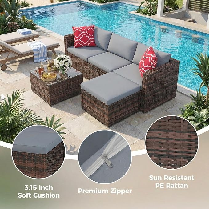 5-Piece Patio Sectional Sofa Set, All-Weather Brown PE Rattan Outdoor Conversation Furniture with Neutral-Tone Cushions - Photo 3