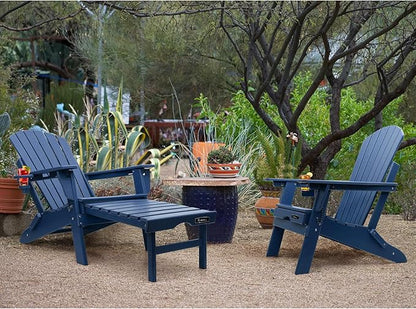 FUNBERRY Adjustable Folding Adirondack Chairs Set of 2 with Retractable Ottoman, All Weather Fire Pit Chairs with Cup Holder