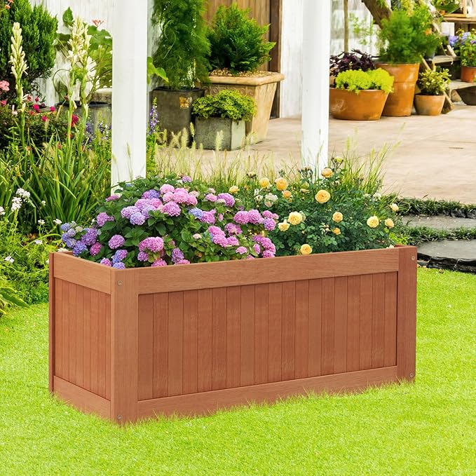 Outdoor Planter Bench, 45 Gallon Outdoor Bench Wooden Raised Garden Bed with Planter Box, 2-in-1 Wood Planter Bench Deck Plant Box for Porch, Patio, Garden & Backyard