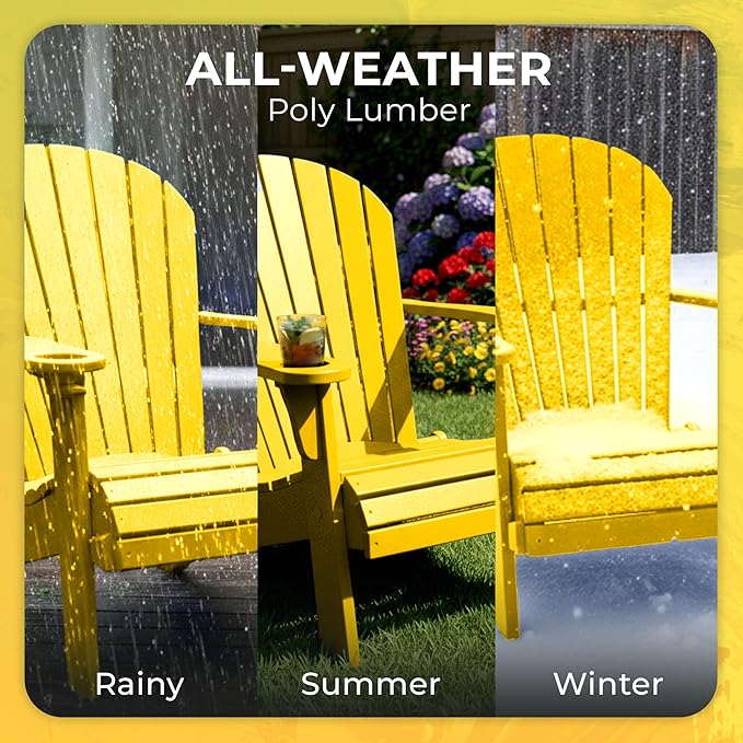 Ecommersify Folding Adirondack Chair with Cup Holder - (Yellow) - Heavy Duty Recycled Poly Lumber Folding Chair - Amish Crafted Outdoor Furniture - Made in USA