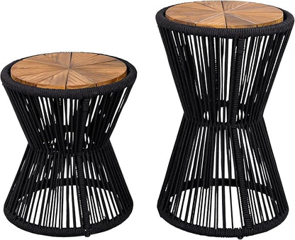 Christopher Knight Home Nara Acacia Wood Outdoor Side Table Set of 2, Hourglass Shaped with Metal Frame+Woven Rope, Outdoor End Table, Garden Plant Stand Indoor, No Assembly Needed, Black+Teak