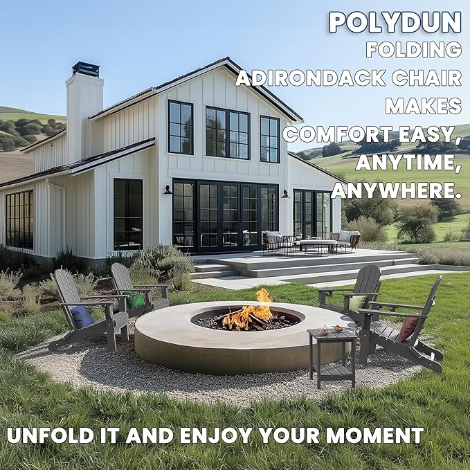 Adirondack Chair with Cup Holder Set of 6, Folding HDPE Patio Chairs, Outdoor Plastic Fire Pit Chair, Wood Texture, Lawn Chairs for Deck, Porch, Backyard, Garden, Slate Gray