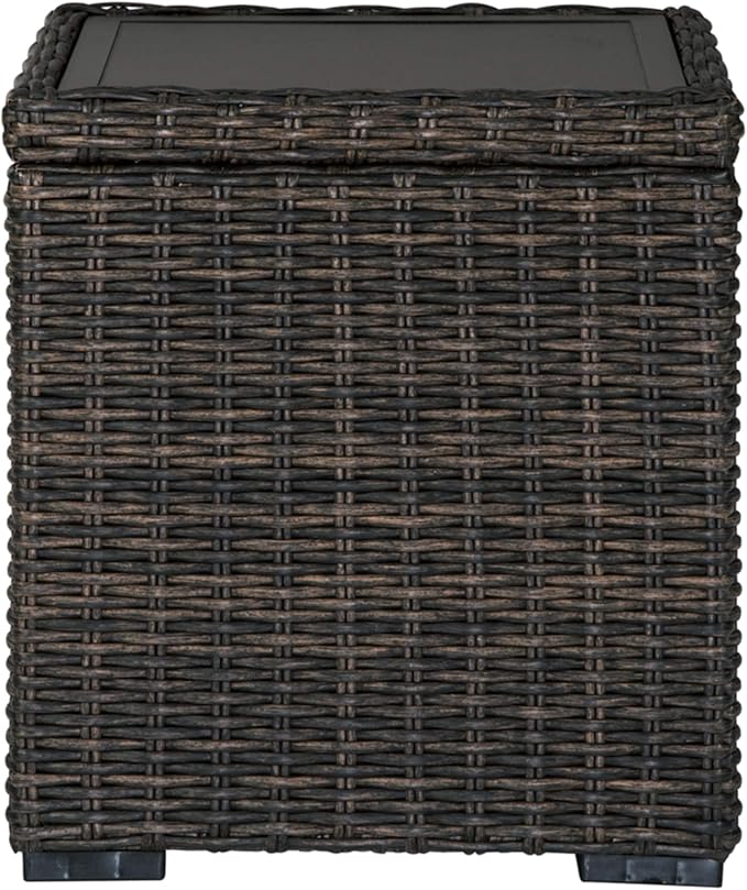 Signature Design by Ashley Grasson Lane Outdoor Rattan Square End Table with Storage, All-Weather Resin Wicker Handwoven Over Durable Aluminum Frame, Aluminum Tabletop and Shelf, 22.25" High, Brown