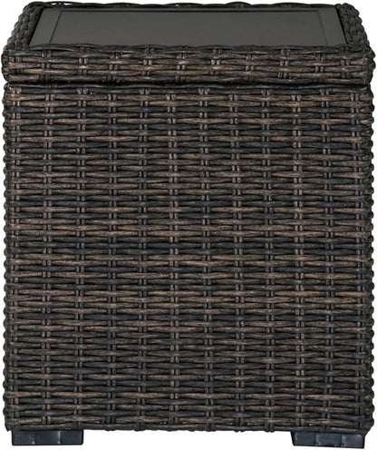 Signature Design by Ashley Grasson Lane Outdoor Rattan Square End Table with Storage, All-Weather Resin Wicker Handwoven Over Durable Aluminum Frame, Aluminum Tabletop and Shelf, 22.25" High, Brown
