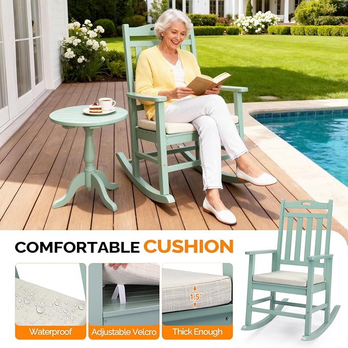 VINGLI Outdoor Rocking Chair, Heavy Duty 450 lbs Poplar Wooden Rocking Chair with High Backrest Design, Come with a Cushion, All-Weather Lounge Rocker Support for Garden, Deck (Mine Green, 1 PC)