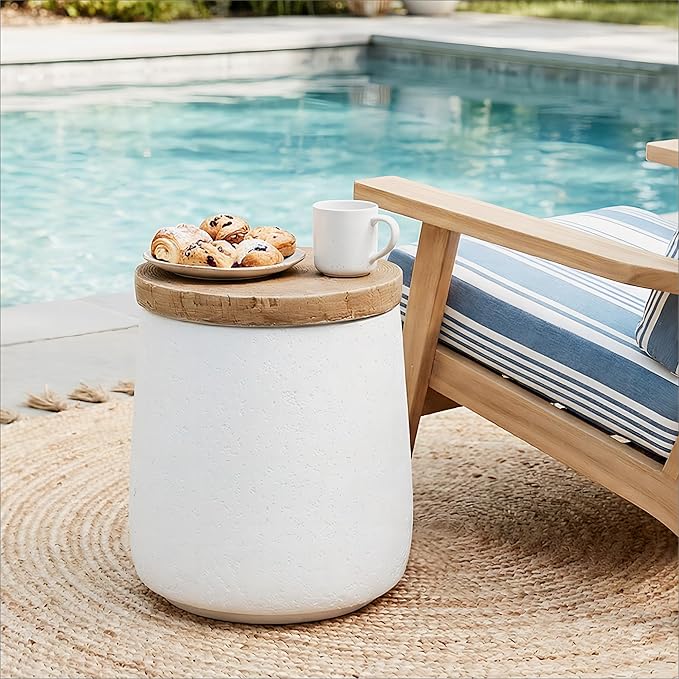 HOMPUS Outdoor Side Table, Concrete End Table Cylinder Shaped w Wood Grain Top, Small Round Outdoor Garden Stand for Patio, White