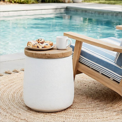 HOMPUS Outdoor Side Table, Concrete End Table Cylinder Shaped w Wood Grain Top, Small Round Outdoor Garden Stand for Patio, White