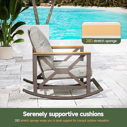 Rocking Bistro Set, 3-Piece Patio Conversation Set, Galvanized Frame Patio Rocking Chairs Set of 2 with Coffee Table and Thickened All-Weather Cushion(Grey)