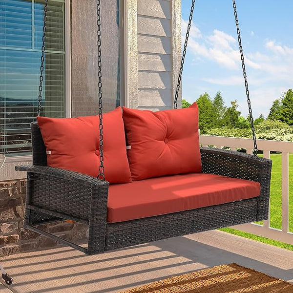 YITAHOME Wicker Hanging Porch Swing Chair Outdoor Brown Rattan Patio Swing Lounge w/ 2 Back Cushions Capacity 530lbs - Photo 1