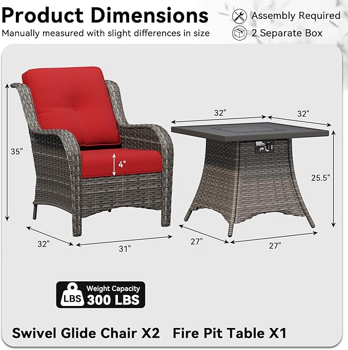 3 Pieces Outdoor Wicker Patio Furniture Set with Fire Pit Table, Patio Chair Set with Thickened Olefin Cushions, High Back and Deep Seating, Hand-Woven PE Rattan for Porch, Deck