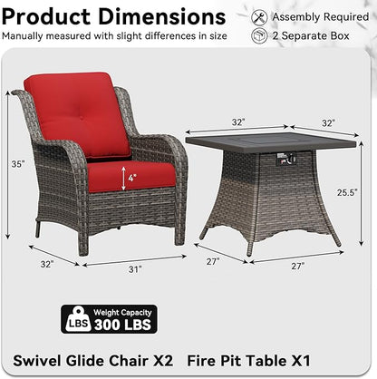3 Pieces Outdoor Wicker Patio Furniture Set with Fire Pit Table, Patio Chair Set with Thickened Olefin Cushions, High Back and Deep Seating, Hand-Woven PE Rattan for Porch, Deck