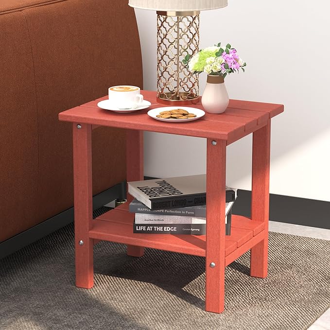Outdoor Side Table, 2-Tier Small Outdoor Table for Patio, Adirondack Side Tables for Outside or Indoor, Patio End Table for Pool, Porch, Weather Resistant Easy Maintenance-Red