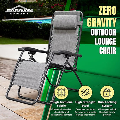 Caravan Sports Zero Gravity Outdoor Portable Folding Camping Lawn Deck Patio Pool Recliner Lounge Chair for Adults, Adjustable Headrest, Gray
