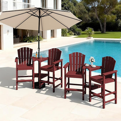 KINGYES Tall Adirondack Chair Set of 4 with 9FT Umbrella, HDPE Tall Adirondack Barstools with Double Connecting Trays, Embossed Bar Height Adirondack Chair, All Weather Balcony Adirondack Chairs, Red