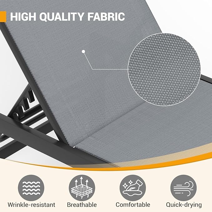 UDPATIO Outdoor Chaise Chairs & Table 3 Pieces Pool Lounge Chair, Adjustable Poolside Sunloungers Lay Flat Sunbathing Chaise with Backrest for Patio, Beach, Yard, Pool