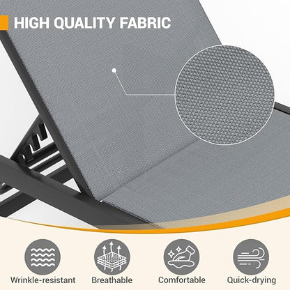 UDPATIO Outdoor Chaise Chairs & Table 3 Pieces Pool Lounge Chair, Adjustable Poolside Sunloungers Lay Flat Sunbathing Chaise with Backrest for Patio, Beach, Yard, Pool