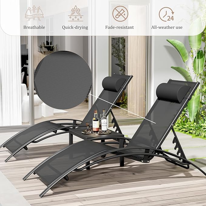 AthLike 3 pcs Poolchairs Patio Chaise Lounge Set with Headrest - Photo 4