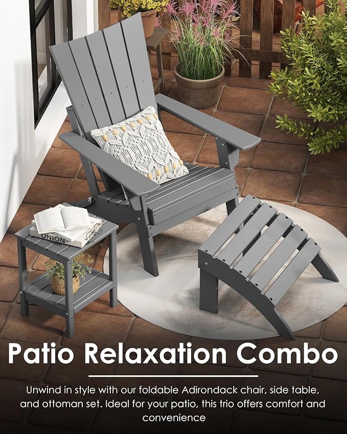 GREENVINES Folding-Adirondack-Chairs-Set-of-4 | HDPE Plastic | Arch Series | Fire Pit Chair | All Weather | for Outdoor Patio Deck Backyard Poolside | Grey