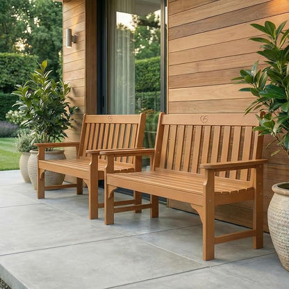 2-Person Outdoor Garden Bench, HDPE All-Weather Patio Bench with Backrest & Armrests, Heavy Duty Outdoor Seating for Porch, Backyard & Park, 660 lbs (Brown, 2 Benches)