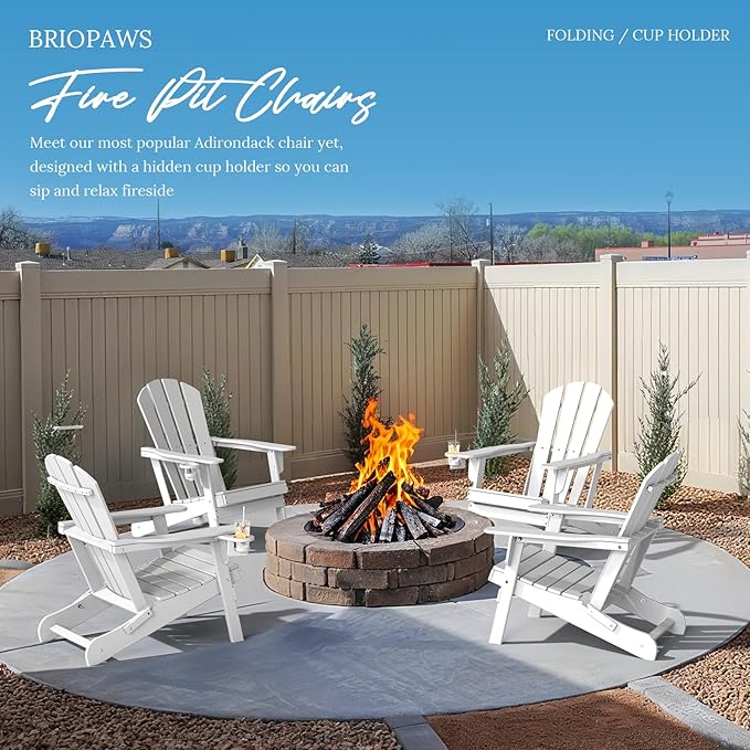 BRIOPAWS Folding-Adirondack-Chair | HDPE Plastic | Fire Pit Chairs | Cup Holder | Curved Back | All Weather | for Outdoor Backyard Deck Patio | White