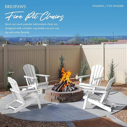 BRIOPAWS Folding-Adirondack-Chairs Set of 4 | HDPE Plastic | Fire Pit Chair | Cup Holder | Curved Back | All Weather | for Outdoor Backyard Deck Patio | White