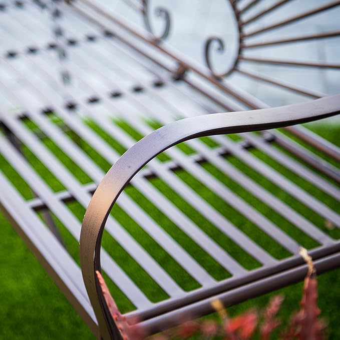 XBrand 44" L Iron Sun-Patterned Seat for Two, Patio & Porch Furniture for Park, Yard, Lawn, Balcony, Backyard – Brown - Photo 4
