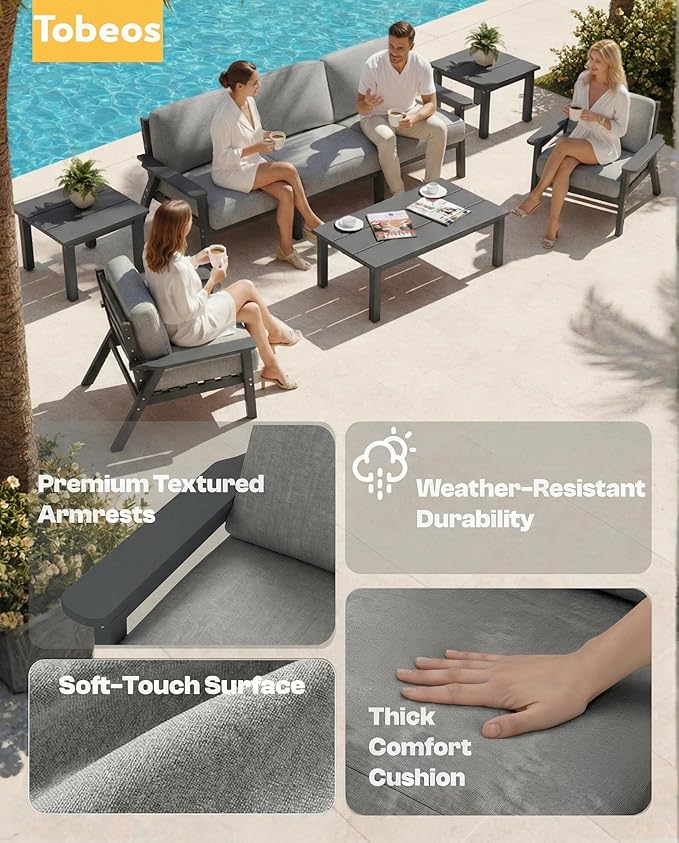 HDPE 5 Piece Patio Furniture Set, Outdoor Couch with Washable Thick Gray Cushions & Coffee Table & Side Table, Outdoor Sectional Furniture for Backyard, Deck, Lawn, Porch (Gray Frame)