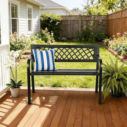 Outdoor Garden Bench, 2-Person Metal Patio Bench with Rust-Resistant Steel Frame & Mesh Pattern Plastic Backrest/Armrests, Black for Lawn Yard Porch Entryway Park