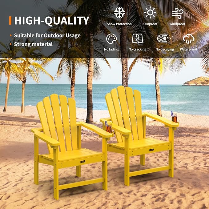 VINGLI Plastic Folding Adirondack Chair with Cup Holder, 100% Recyclable HDPE Material, 380lb Weight Capacity for Outdoor Pool Patio Lounge Chair Lawn Furniture Fire Pit, 2 Pack, Lemon Yellow