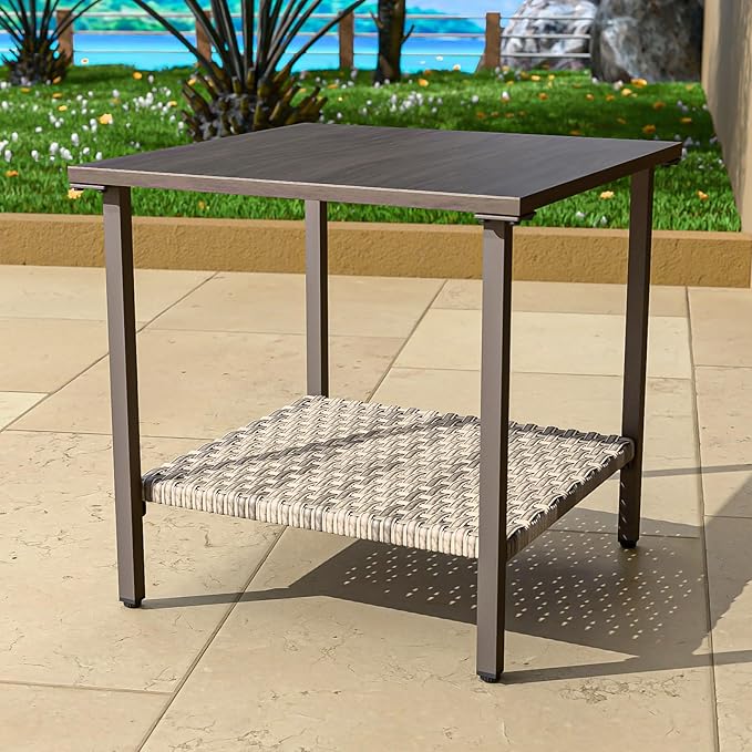 COOS BAY Aurora Terrace Outdoor Side Table with 2-Tier Storage, Metal Patio Table for Garden, Balcony, Poolside, Porch, Wood Grain Top
