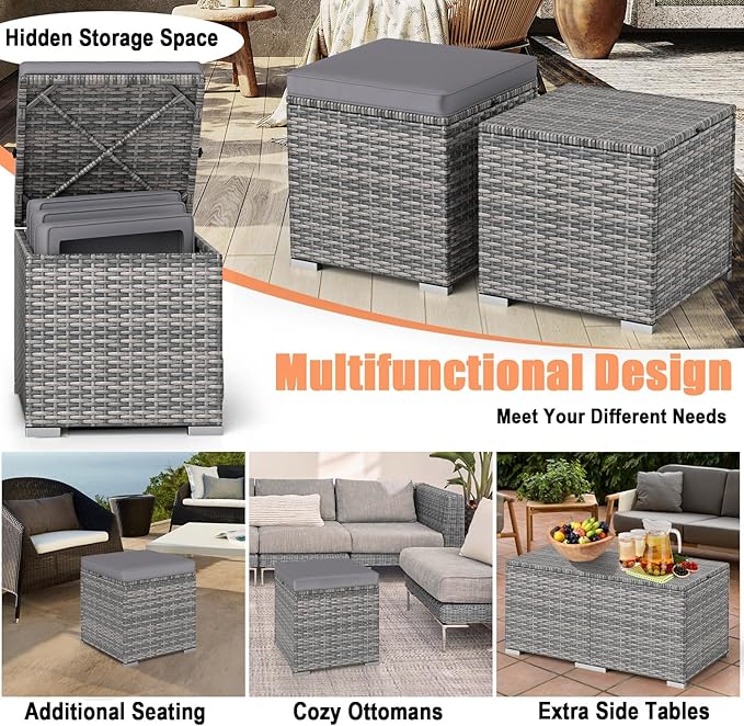 RELAX4LIFE Wicker Outdoor Storage Ottoman - 2-Piece Rattan Footstool w/Removable Cushion - Photo 6