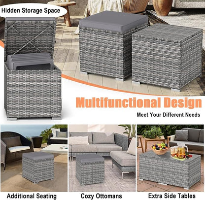 RELAX4LIFE Wicker Outdoor Storage Ottoman - 2-Piece Rattan Footstool w/Removable Cushion, Multipurpose Footrest Foot Stool Seating, Set of 2 Outdoor Ottomans for Patio Deck (Mix Grey-Grey)