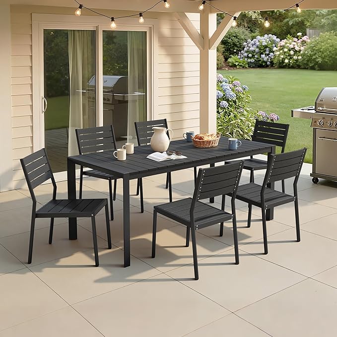 Crestlive Products Outdoor Dining Table for 6, 71in Aluminum Patio Dining Table with Umbrella Hole Weather-Resistant Rectangle Outside Table for Garden Backyard Indoor, Black