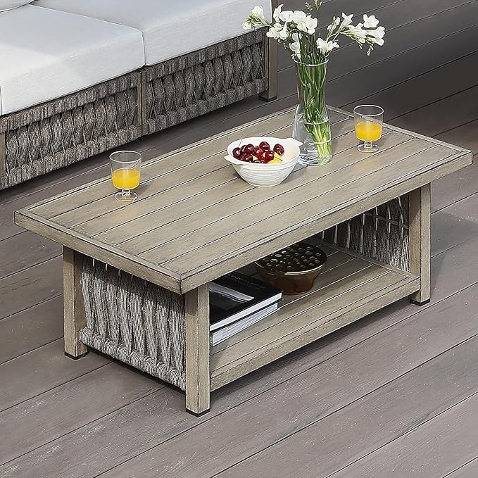 Outdoor Coffee Table, Never Rusts Aluminum Rope Weave Patio Coffee Table - Photo 9