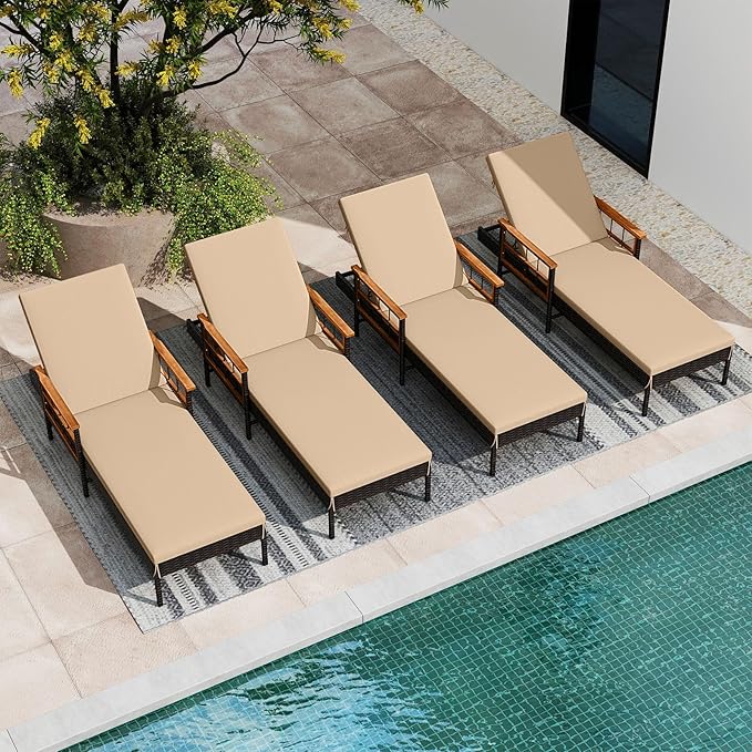Tangkula Lounge Chairs Outdoor Set of 2, Patio Rattan Chaise Lounge with 4-Level Adjustable Backrest & Acacia Wood Armrests, Wicker Sunbathing Reclining Lounger with Soft Cushions for Outside (Beige)