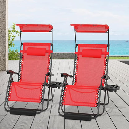 Athena Collection Zero Gravity Outdoor Lounge Chair Set of 2 with Canopy Shade, 29" Width Pool Lounge Lawn Chairs Reclining with Cup Holder Foot Pad, Outdoor Chaise for Beach Patio Outside, Red